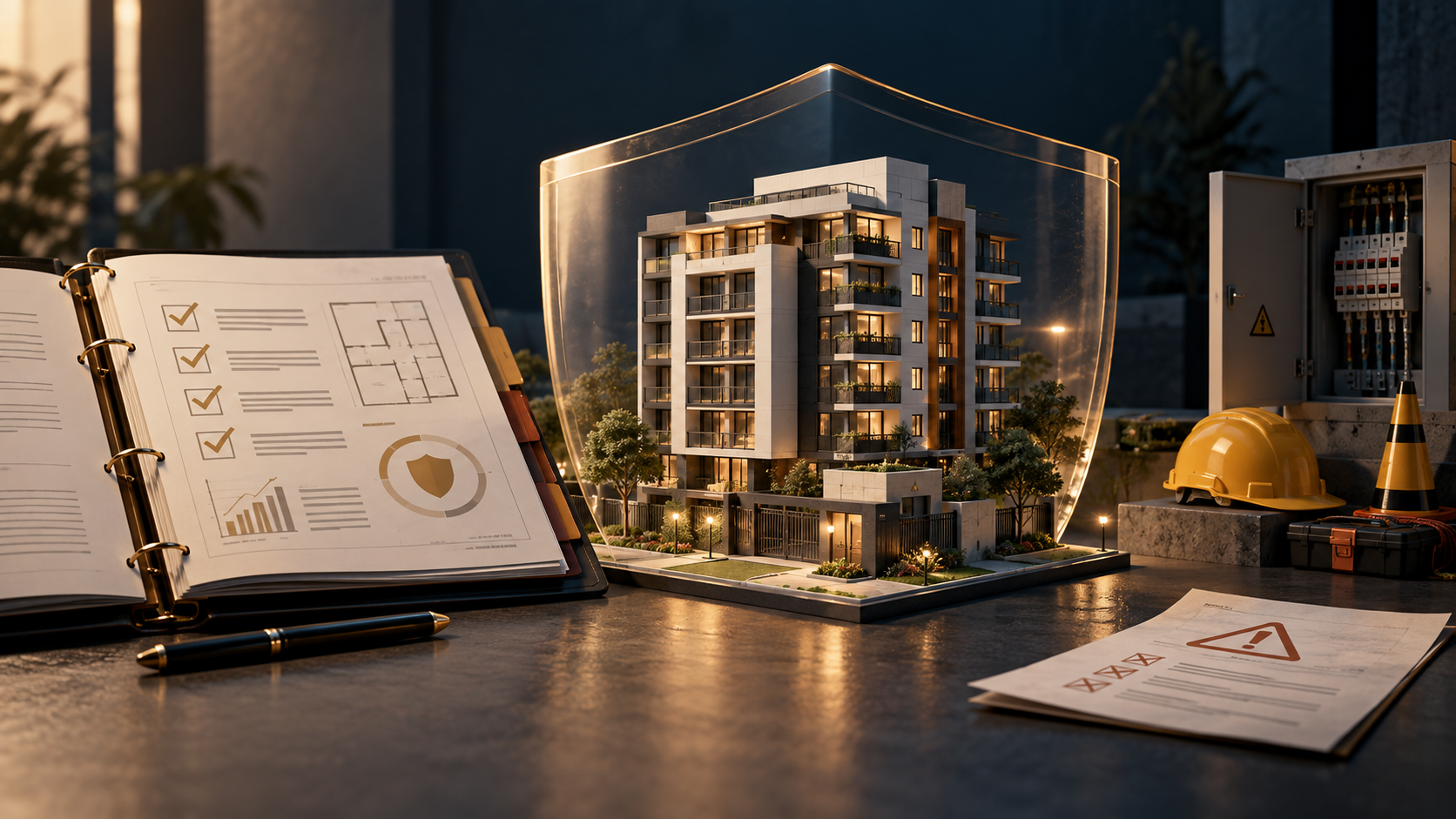 Representação 3D de edifício, documento PGR e equipamentos de proteção